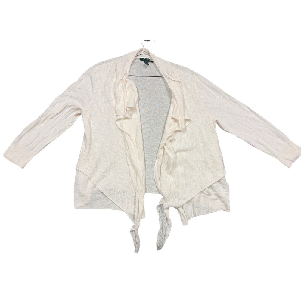 Lauren Ralph Lauren Cardigan Womens XL Cream Linen Blend Open Front Waterfall